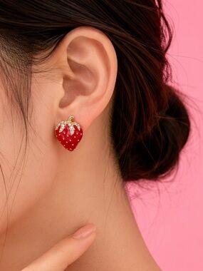 Red Strawberry Crystal Stud Gold Earrings